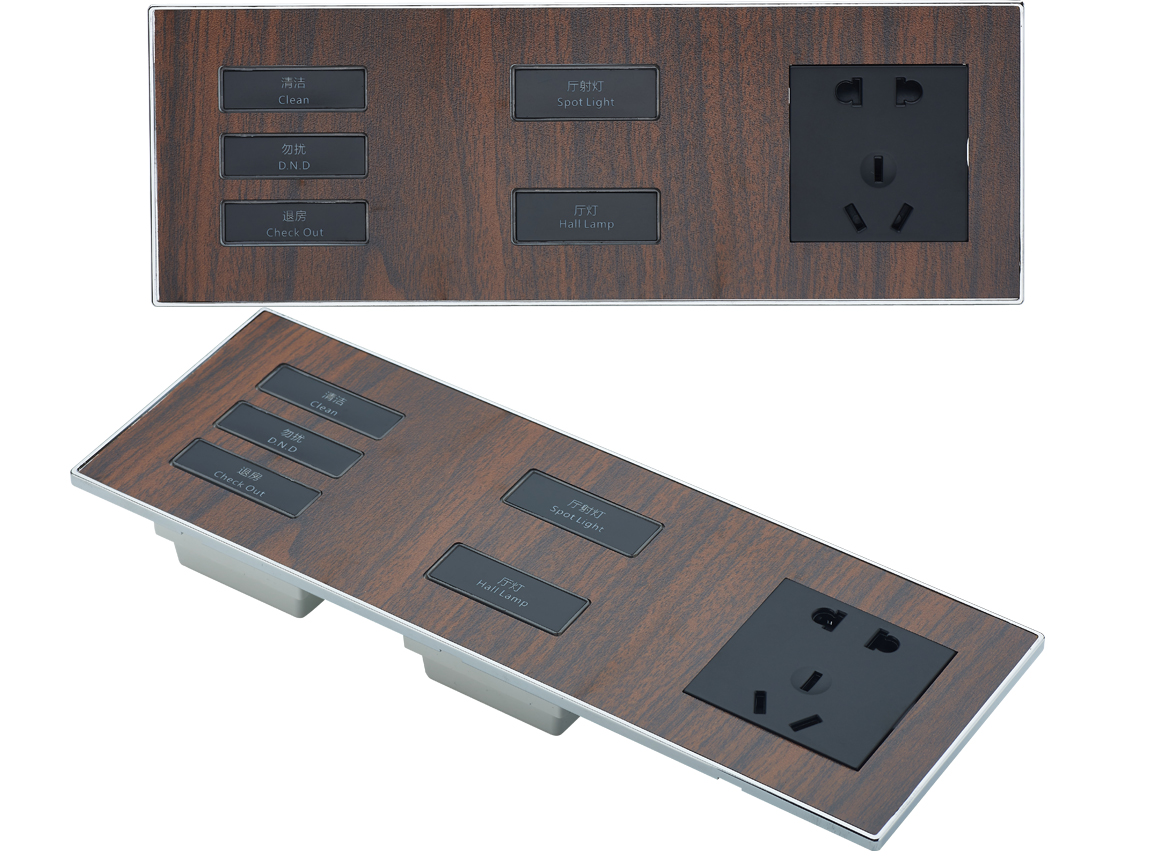 sjzz-K5-228三聯(lián)輕觸開(kāi)關(guān)(柚木色) - 酒店翹板開(kāi)關(guān),酒店客房翹板自復(fù)位開(kāi)關(guān)-